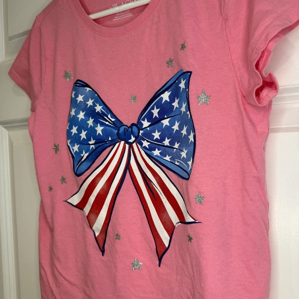 The Childrens Place Girls Patriotic American Flag Bow Glitter T-Shirt Size 7/8